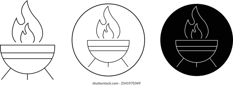 Vectores de Fire Pit Icons en estilos de contorno de moda. Pozo de fuego comunitario de la vida de la aldea indígena. símbolos de silueta de pozo de fuego. Charcoal Grill ilustración diseñada aislada sobre fondo transparente.