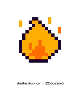 Pixel de fuego artículo de juegos. Pon en píxel el icono de fuego, flame recurso de juego de 8 bits. Ilustración vectorial aislada en fondo blanco.