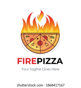 Fire Pizza es un diseño de logotipo. la mitad de pizza con la mitad superior es Fire