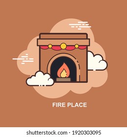 Feuerplatz mit Feuer und Schornstein auf braunem Hintergrund - Design