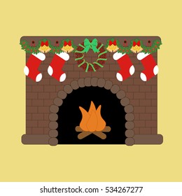 Fire place with christmas decoration. Vector illustration