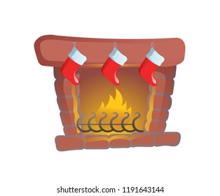 Fire place with Christmas stockings. Cartoon Christmas card element. Colorful flat vector illustration. Isolated on white background.