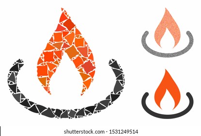 Fire place mosaic of irregular items in various sizes and color tones, based on fire place icon. Vector irregular parts are grouped into illustration. Fire place icons collage with dotted pattern.