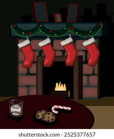 fire place at night santa claus visit milk and cookies on the table gifts red stockings on fireplace christmas dark night time winter holidays symbol