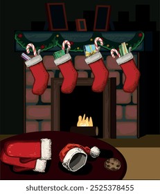 fire place at night santa claus visit gifts left hat and gloves on table red stockings on fireplace christmas dark night time winter holidays symbol