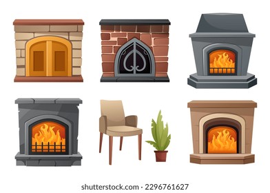 Fire place set. This illustration is a set of flat, cartoon-style design elements featuring a fire place. Vector illustration.