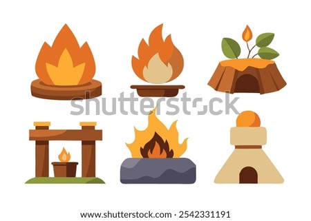 Fire places campfire set isolated flat vector illustration on white background
