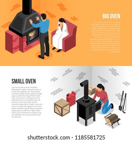 Fire places isometric horizontal banners big and small oven isolated on orange white background vector illustration