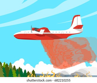 A fire plane extinguishes a forest fire high in the mountains. Vector illustration