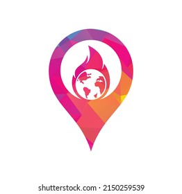 Fire Planet gps shape concept vector logo design template. Fire and earth icon design.