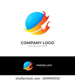 Feuer- und Planet-Logo-Konzept mit 3D-Blau und Orange-Farbstil