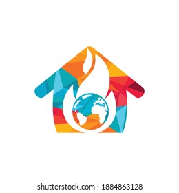 Fire Planet vector logo design template. Fire and earth with home icon design.