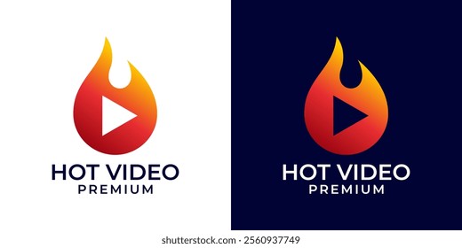 Fire Play logo design template. Fire symbol with play icon logo vector. Media fire play logo. Vector logo template of fire, media, play, music, button, flame, gas, industrial, red, hot, video, audio.