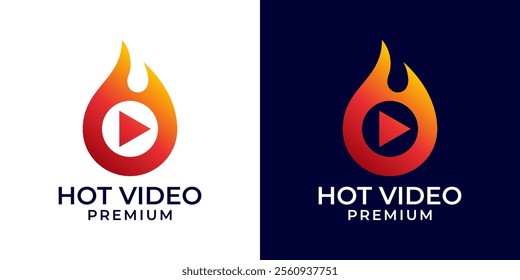 Fire Play logo design template. Fire symbol with play icon logo vector. Media fire play logo. Vector logo template of fire, media, play, music, button, flame, gas, industrial, red, hot, video, audio.