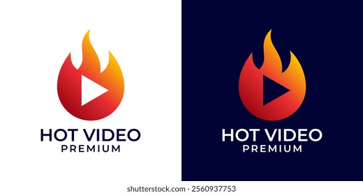 Fire Play logo design template. Fire symbol with play icon logo vector. Media fire play logo. Vector logo template of fire, media, play, music, button, flame, gas, industrial, red, hot, video, audio.