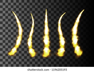 Fire Plume From The Launch Of A Space Rocket, Car, Bike. Plasma Exhaust, Airy Fiery Tail On A Transparent Background. Realistic Vector Design Element