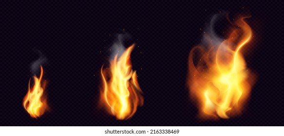 Fire PNG. Realistic Fire Flames with smoke and sparkles transparent on dark background. Burning red wildfire flames set, burn bonfire silhouette and blazing fiery spurts of flame