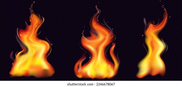 Fire PNG. Realistic Fire Flames with smoke and sparkles transparent on dark background. Burning red wildfire flames set, burn bonfire silhouette and blazing fiery spurts of flame