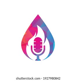 Fire Podcast drop shape concept logo design template. Flame fire podcast mic logo vector icon illustration
