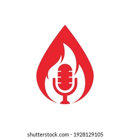Fire Podcast drop shape concept logo design template. Flame fire podcast mic logo vector icon illustration