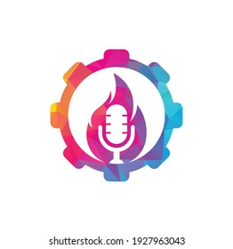 Fire Podcast gear shape concept logo design template. Flame fire podcast mic logo vector icon illustration