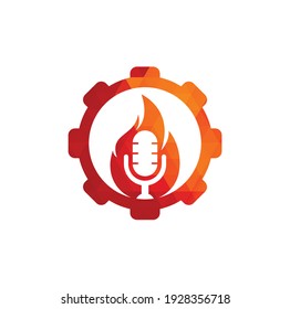 Design-Design-Vorlage für das Logo der Fire Podcast-Zahnräder. Flammenfeuer-Podcast-Logo, Vektorsymbol