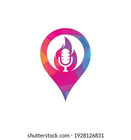 Fire Podcast gps shape concept logo design template. Flame fire podcast mic logo vector icon illustration