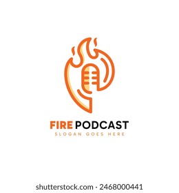 Fire Podcast Logo Design. Abstrakter Anfangsbuchstabe P in der Feuerform kombiniert mit Podcast-Mikrofon. Vektorillustration.