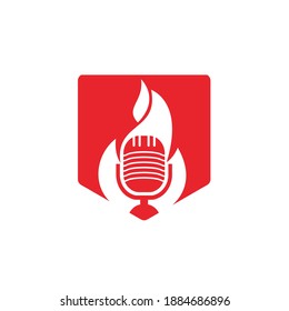 Fire Podcast logo design template. Flame fire podcast mic logo vector icon illustration.