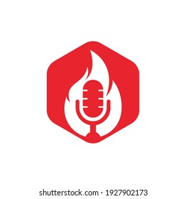 Plantilla de diseño del logotipo del podcast de fuego. Ilustración del icono vectorial del logotipo del micrófono del podcast de la llama.