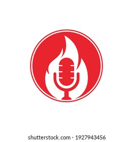 Fire Podcast logo design template. Flame fire podcast mic logo vector icon illustration.