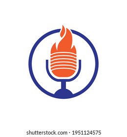 Fire Podcast logo design template. Flame fire podcast mic logo vector icon illustration.