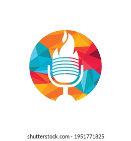 Fire Podcast logo design template. Flame fire podcast mic logo vector icon illustration.