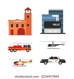 Fire and Police Department as Emergency City Services Building with Transport Vector Set