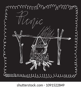 Fire pot over the fire. Chalk hand drawing. Element for a picnic-style Doodle on a black Board background.