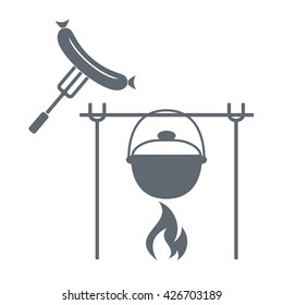 Fire, pot and  sausage icon on white background. Vector illustration.