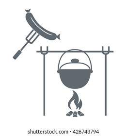 Fire, pot and sausage icon on white background. Vector illustration.
