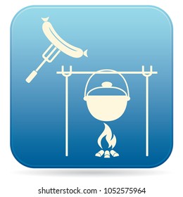 Fire, pot and sausage icon. Vector illustration.

