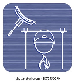 Fire, pot and sausage icon. Vector illustration.