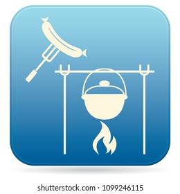 Fire, pot and sausage icon. Vector illustration.