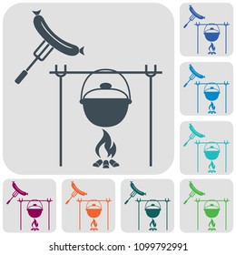 Fire, pot and sausage icon. Vector illustration.

