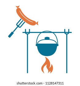 Fire, pot and sausage icon. Vector illustration.

