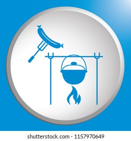 Fire, pot and sausage icon. Vector illustration.