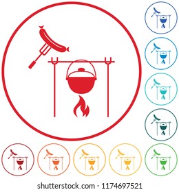 Fire, pot and sausage icon. Vector illustration.