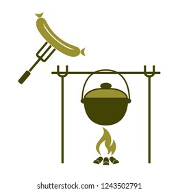 Fire, pot and sausage icon. Vector illustration.


