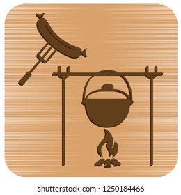 Fire, pot and sausage icon. Vector illustration.