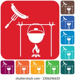 Fire, pot and sausage icon. Vector illustration.

