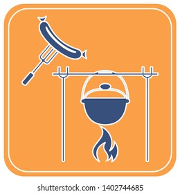 Fire, pot and sausage icon. Vector illustration.

