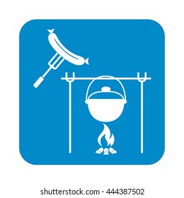 Fire, pot and sausage icon. Vector illustration.