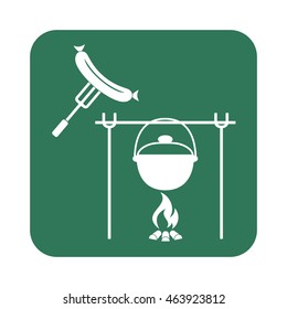 Fire, pot and sausage icon. Vector illustration.

